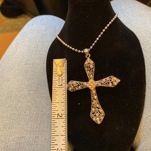 Premiere Designs Signed  Cross Necklace with Auroa Borealis Stones Silver Tone